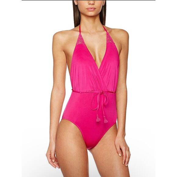 Seafolly Flower Festival Tahiti Pink Deep V Maillot One Piece Swimsuit Size 6 - Picture 1 of 12